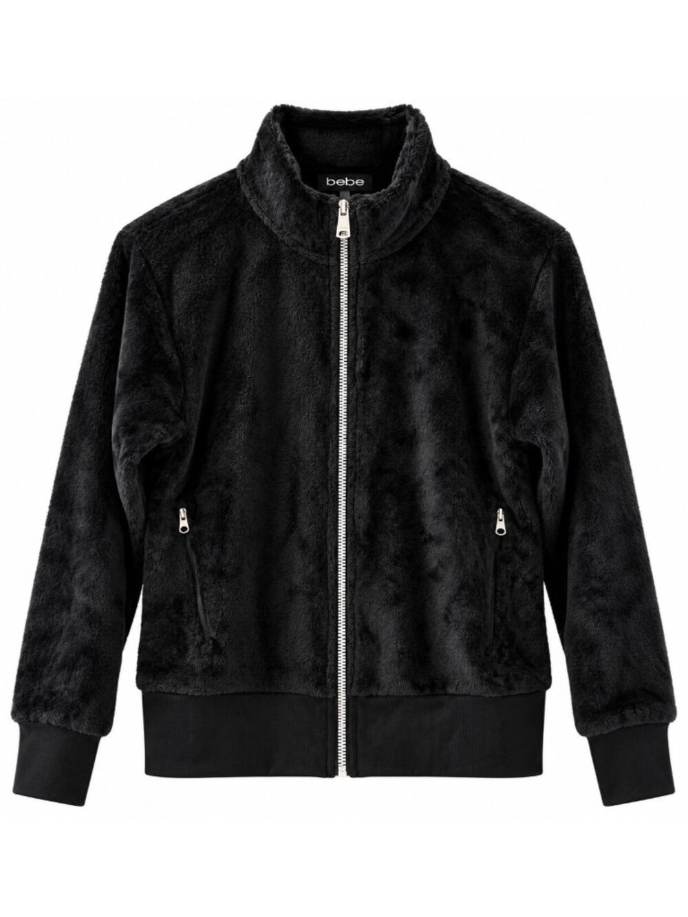 Bebe Sport Womens Black Microfur Full-Zip Jacket With Welt Pockets Size M